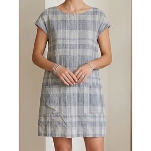 Eileen Fisher Organic Linen Cotton Plaid Shift Dress Grey White‎ L S17AIY